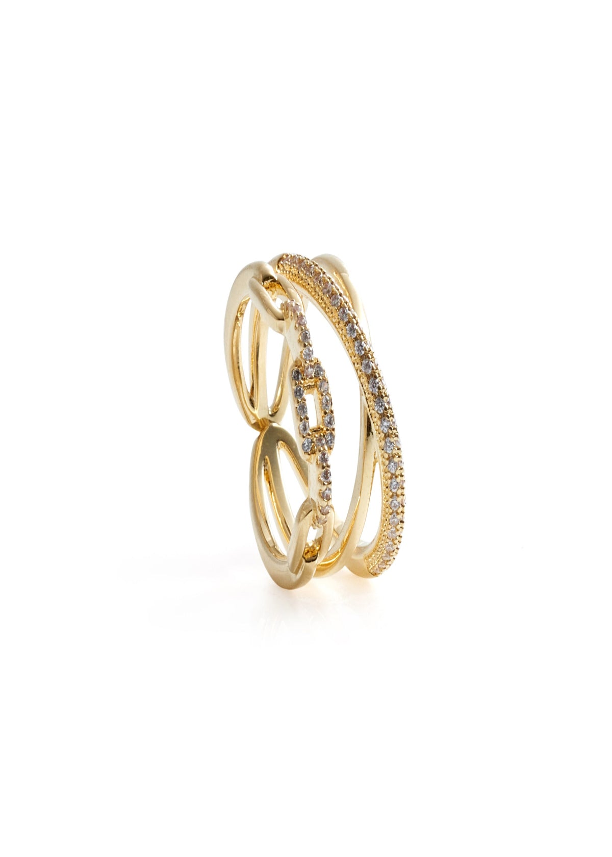 Niluk Trendy Gold-Plated Double Ring Set with Chain Link & Crystal Pave Design Adjustable Ring