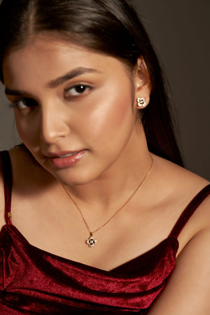 Niluk Elegant Gold-Tone Floral Pendant Necklace & Stud Earrings Set with Sparkling Stones and Black Enamel Detailing