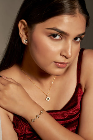 Niluk Elegant Gold-Tone Floral Pendant Necklace & Stud Earrings Set with Sparkling Stones and Black Enamel Detailing