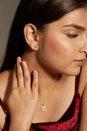 Niluk Elegant Gold-Tone Floral Pendant Necklace & Stud Earrings Set with Sparkling Stones and Black Enamel Detailing