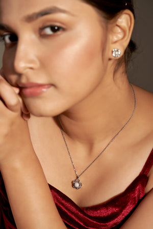 Niluk Elegant Pearl & Crystal Flower Pendant Necklace with Matching Earrings