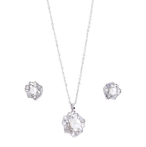 Niluk Elegant Pearl & Crystal Flower Pendant Necklace with Matching Earrings