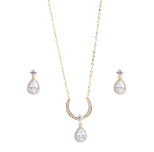 Niluk Gold-Plated Teardrop Crystal Pendant Necklace with Matching Earrings