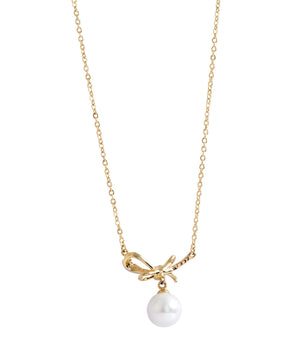 Niluk Gold-Plated Bow Design Pendant Necklace with Pearl Drop