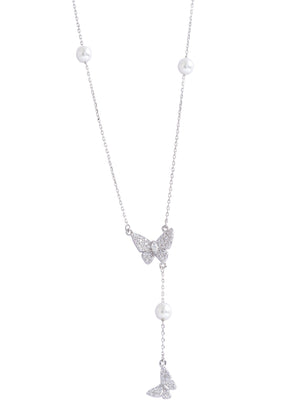 Niluk Elegant Rhodium Butterfly Pendant Necklace with Pearl Drop