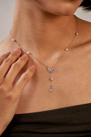 Niluk Elegant Rhodium Butterfly Pendant Necklace with Pearl Drop